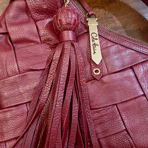 Deep red woven leather Cole Haan hobo nag with beautiful tasseled zipper - Picture 3 of 6